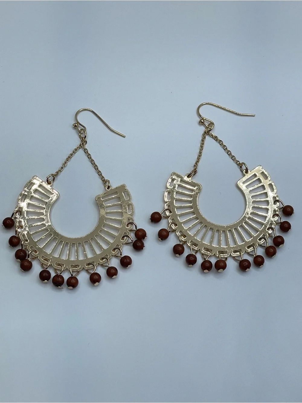 Gold Tone Boho Fan Dangle Earrings Brown Bead Fringe Statement